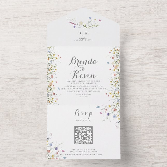 Farbenfrohe Dainty Wild Blume Hochzeit All In One Einladung (Innen Boden)