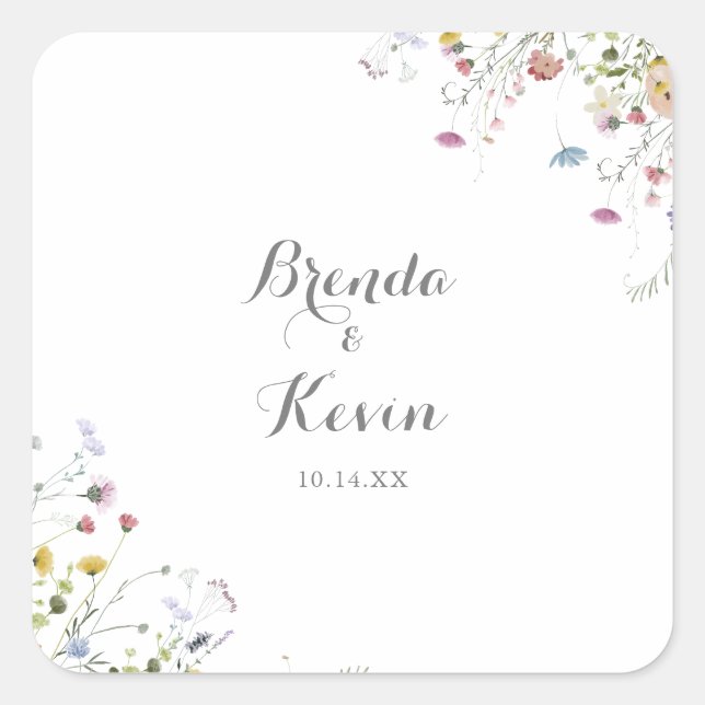 Farbenfrohe Dainty Wild Blume Hochzeit Umschlag Au Quadratischer Aufkleber (Vorderseite)