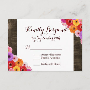 Farbenfrohe Daisy Rustic Barn Wood Wedding RSVP Ca Karte