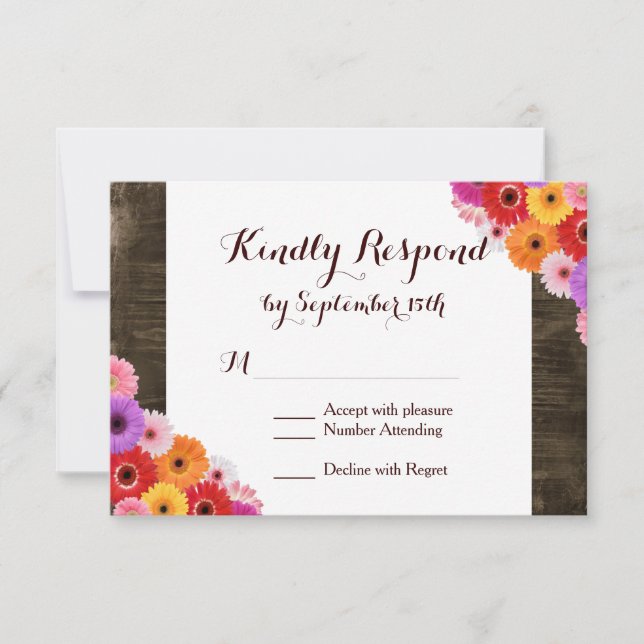 Farbenfrohe Daisy Rustic Barn Wood Wedding RSVP Ca Karte (Vorderseite)