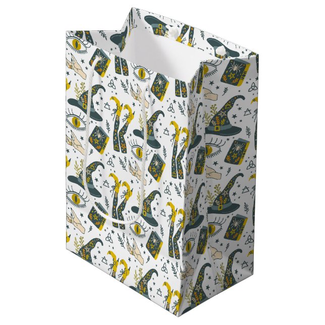 Farbenfrohe Darstellung der Halloween-Symbole Mittlere Geschenktüte (Vorderseite Schrägansicht)