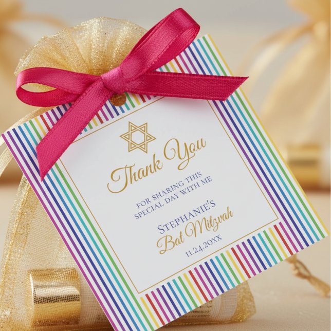 Farbenfrohe Davidstern-Dankeschön-Anhänger Geschenkanhänger (Jewish Star of David Rainbow Stripes Thank You Favor Tags for Bat Mitzvah, Birthday, Religious Party)