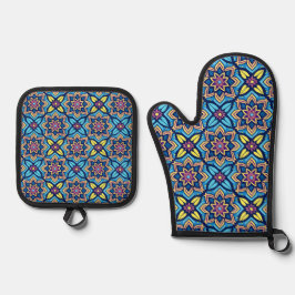 Farbenfrohe Dekorationen mit floralen Mustern Ofenhandschuh & Topflappen-Set