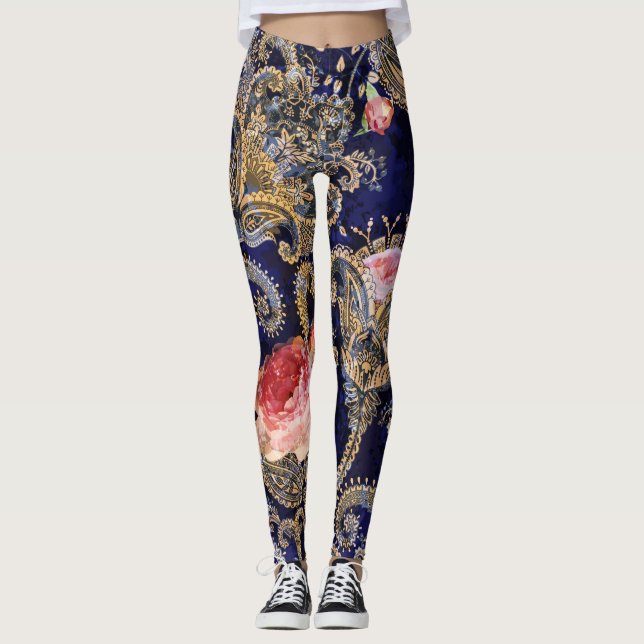 Farbenfrohe dekorative Blume Batik Leggings (Vorderseite)