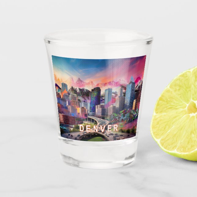 Farbenfrohe Denver Skyline Abstrakt Art Schnapsglas (Vorderseite)