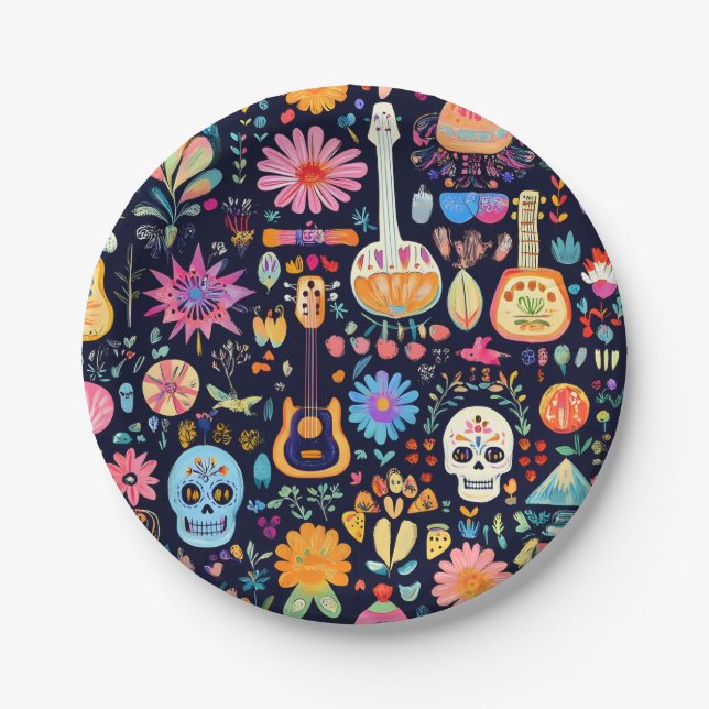 Farbenfrohe Dia de los muertos Muster Pappteller (Vorderseite)