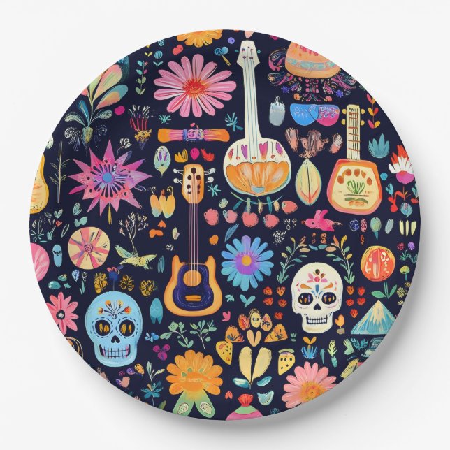 Farbenfrohe Dia de los muertos Muster Pappteller (Vorderseite)