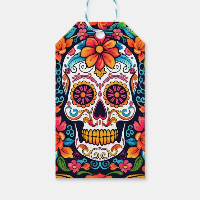 Farbenfrohe Dia de Muertos ☠️ Sugar Skull Geschenkanhänger (Vorderseite)