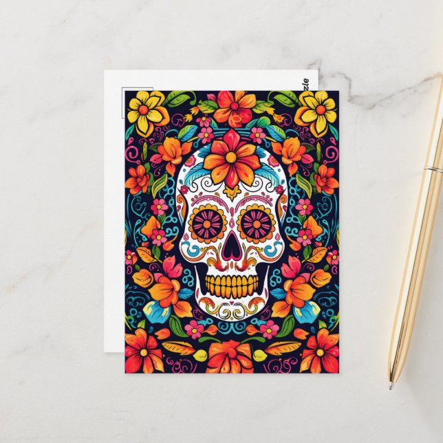 Farbenfrohe Dia de Muertos ☠️ Sugar Skull Postkarte (Vorderseite/Rückseite Beispiel)
