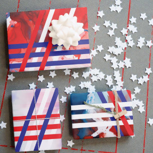 Farbenfrohe diagonale rote weiße und blaue Streife Geschenkpapier Set