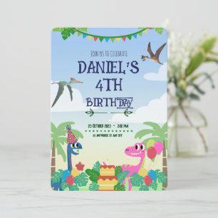 Farbenfrohe Dino Geburtstagseinladung Einladung
