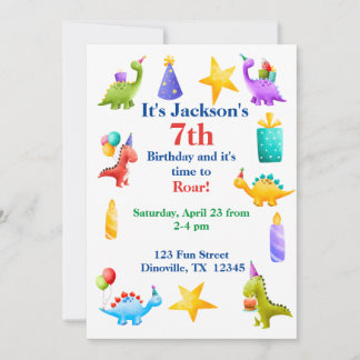Farbenfrohe Dino Kindergeburtstag Einladung