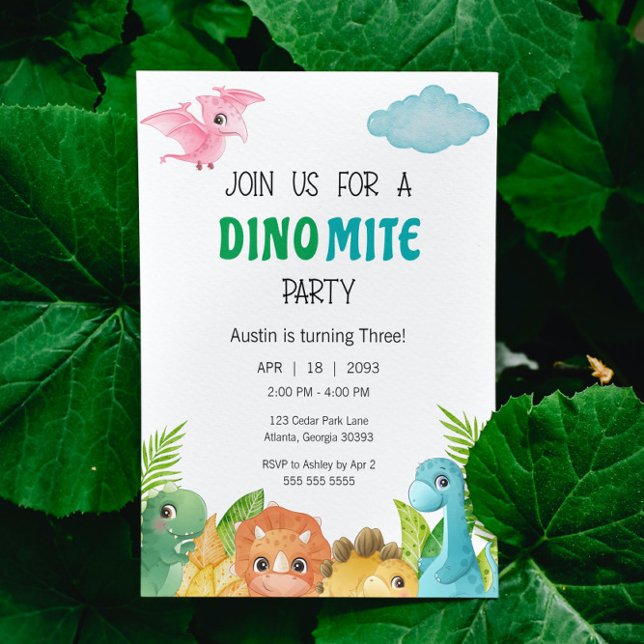 Farbenfrohe Dino Mite Dinosaur Einladung zum Gebur (Dinosaur Birthday Party Invitation)