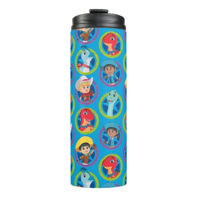 Farbenfrohe Dino Ranch Muster Thermosbecher (Vorderseite)