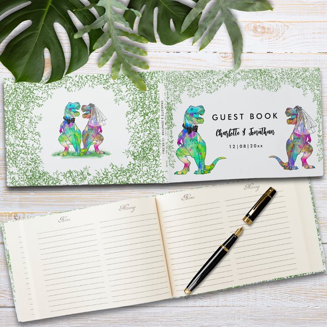 farbenfrohe Dinosaur-Hochzeit Gästebuch (Colorful dinosaur themed wedding guest book with funny T-Rex bride and groom)