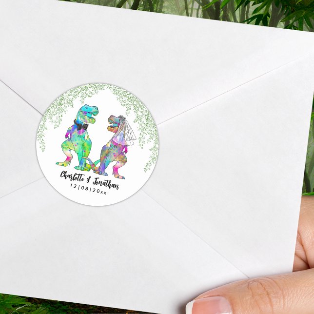 farbenfrohe Dinosaur-Hochzeit Runder Aufkleber (Colorful T-Rex bride and groom custom dinosaur wedding sticker with bride and groom names and date)