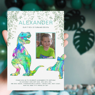 Farbenfrohe Dinosaur T-Rex Geburtstagsparty Einladung
