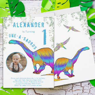 Farbenfrohe Dinosaurier 1. Geburtstag Party Einladung