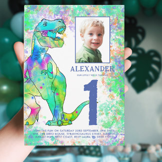 Farbenfrohe Dinosaurier 1. Geburtstag Party Foto Einladung