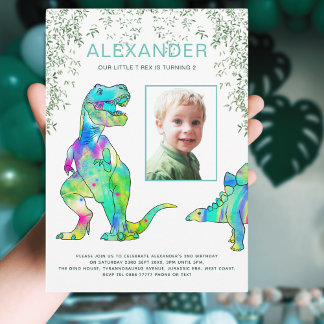 Farbenfrohe Dinosaurier 2. Geburtstag Party Foto Einladung