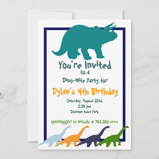 Farbenfrohe Dinosaurier Geburtstagsparty Einladung (Vorderseite)