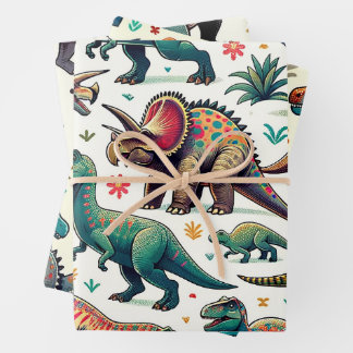 Farbenfrohe Dinosaurier Geschenkpapier Set