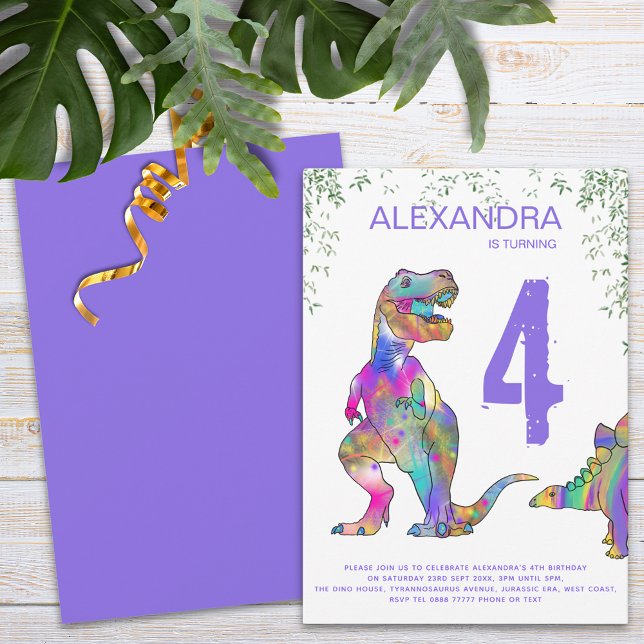 Farbenfrohe Dinosaurier Girls 4. Geburtstags-Party Einladung (Colorful dinosaur girls 4th birthday party )