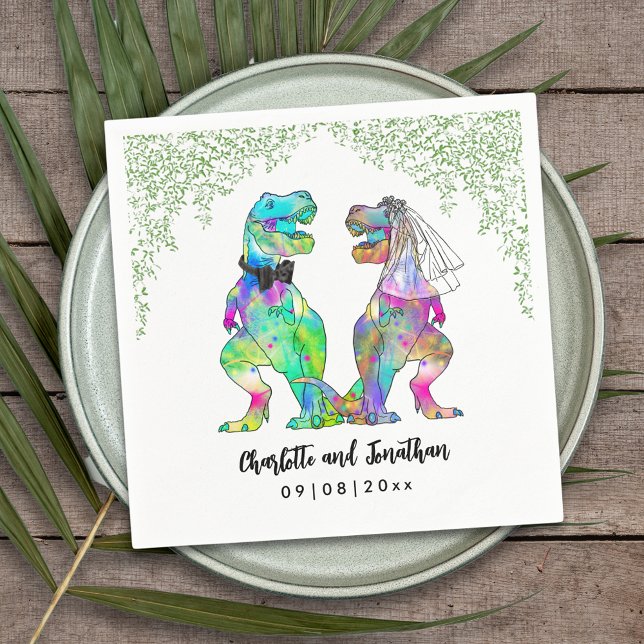 Farbenfrohe Dinosaurier Hochzeit T-Rex Braut und B Serviette (Colorful dinosaur themed wedding funny T-Rex bride and groom Jurassic jungle foliage custom napkin)