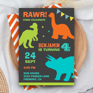 Farbenfrohe Dinosaurier-Kindergeburtstag-Party Ein Einladung