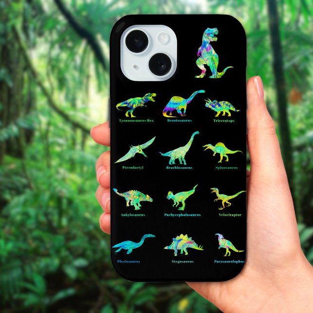 Farbenfrohe Dinosaurier mit Namen auf schwarz Case-Mate iPhone Hülle (Colorful dinosaurs with names on black phone case)