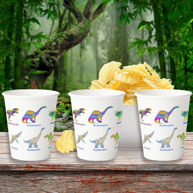 Farbenfrohe Dinosaurier mit Namen Pappbecher (Colorful dinosaurs with names dino birthday party paper cups T-Rex velociraptor brontosaurus )