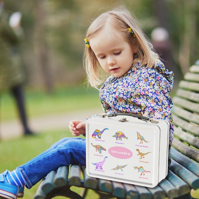 Farbenfrohe Dinosaurier mit Namen Pink Metall Brotdose (Dinosaurs with names pink custom lunchbox for girls that love dinosaurs colorful dino watercolor art)
