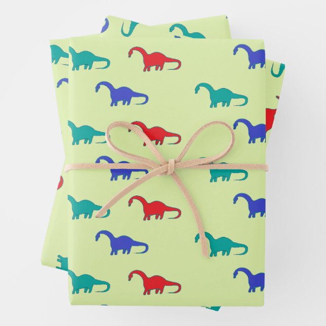 Farbenfrohe Dinosaurier-Muster auf grün Geschenkpapier Set (Beispiel)