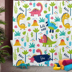 Farbenfrohe Dinosaurier Muster mit Kindername Bade Duschvorhang