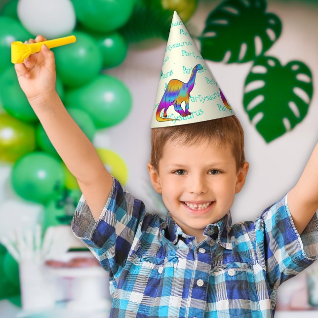 Farbenfrohe Dinosaurier Partysaurus Geburtstagspar Partyhütchen (Colorful dinosaur brontosaurus partysaurus fun dino birthday party paper hat)