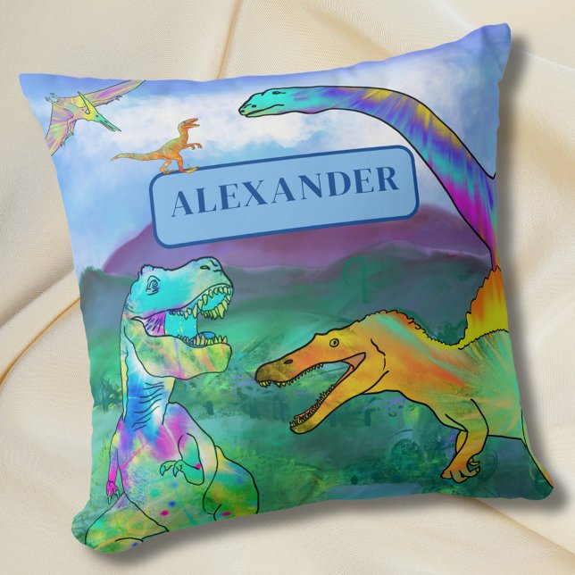 Farbenfrohe Dinosaurier Personalisierte Kinder Nam Kissen (Colorful dinosaur personalized name kids pillow Fun dino bedroom home decor)