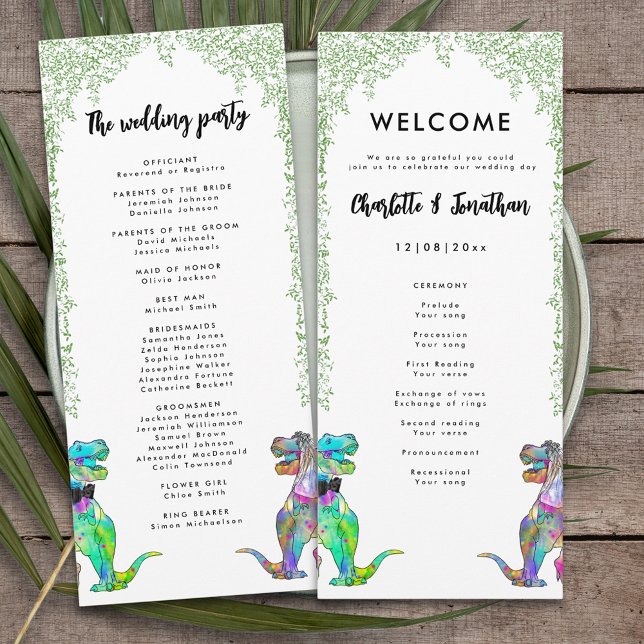Farbenfrohe Dinosaurier-Themen-Hochzeit Programm (Colorful T-Rex bride and groom dinosaur wedding day program)