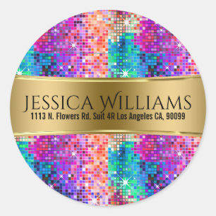 Farbenfrohe Disco-Glitzer und Goldvorlage Runder Aufkleber