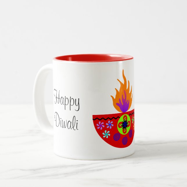 Farbenfrohe Diwali Lamp Diya Zweifarbige Tasse (Vorderseite Links)