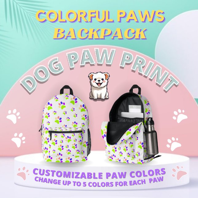 Farbenfrohe Dog Paw Print Design, bearbeitbare Paw Bedruckter Rucksack (Von Creator hochgeladen)