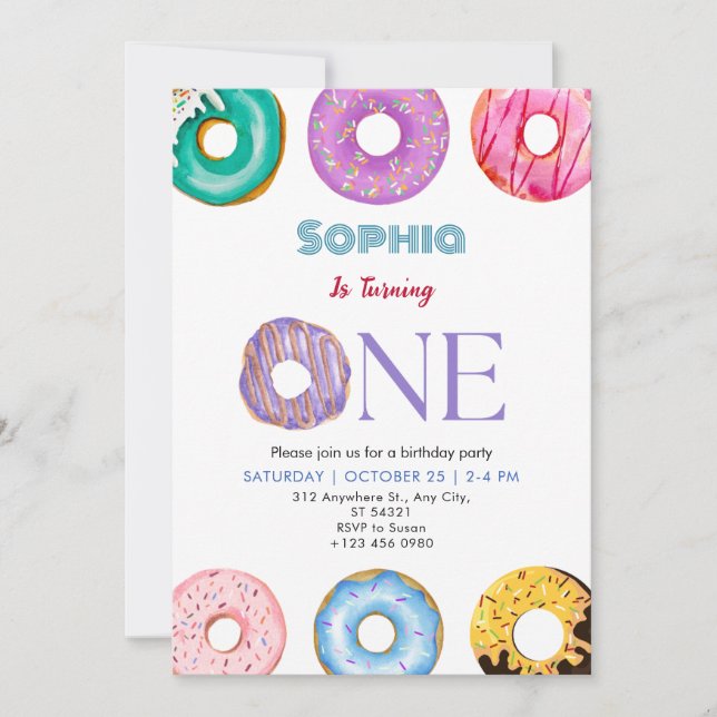 Farbenfrohe Donut One Birthday Party Einladung (Vorderseite)