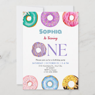Farbenfrohe Donut One Birthday Party Einladung