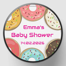 Farbenfrohe Donut-Themed Babydusche-Label