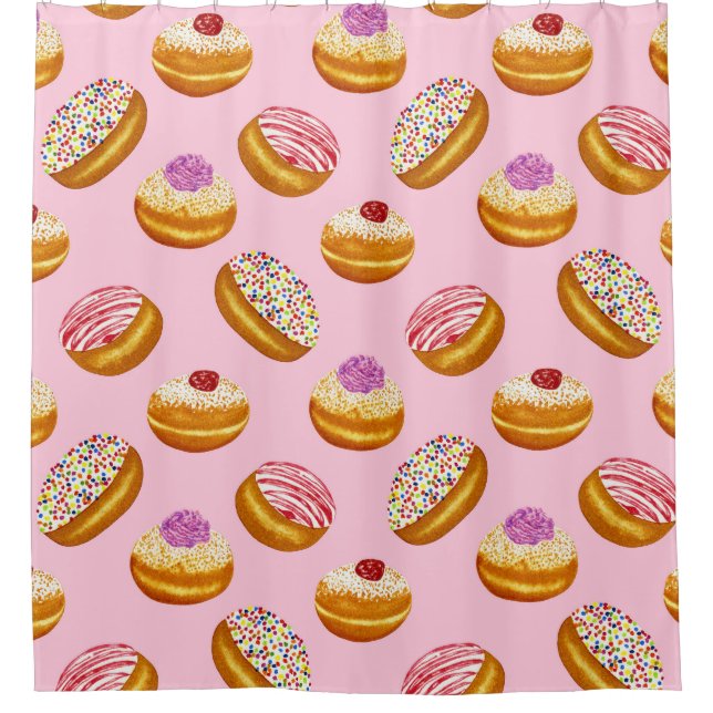 Farbenfrohe Donuts: Handgezogene Wasserfarbe Duschvorhang (Vorderseite)