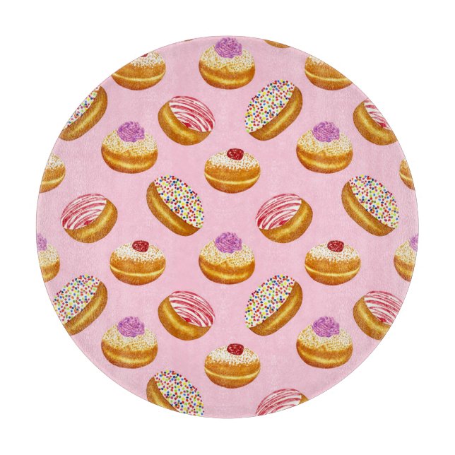 Farbenfrohe Donuts: Handgezogene Wasserfarbe Schneidebrett (Vorderseite)