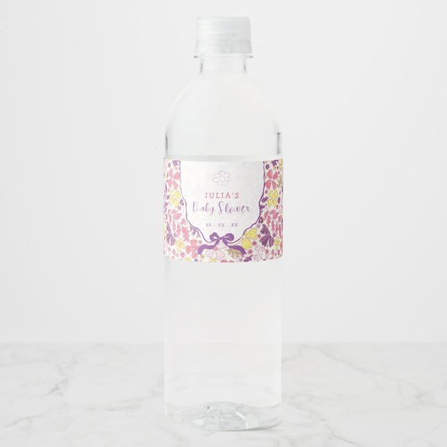 Farbenfrohe Doodle-Blumen-Bleistiftskizze Baby Sho Wasserflaschenetikett (Vorderseite)