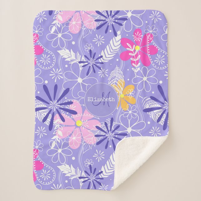 farbenfrohe Doodle Blütenfilet Flitter Sherpadecke (Vorderseite)