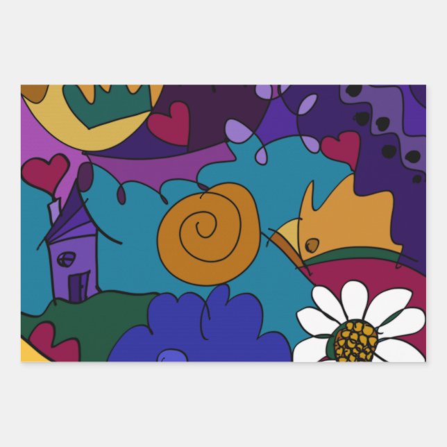 Farbenfrohe Doodle Sketches Bright Digital Gezeich Geschenkpapier Set (Vorderseite)