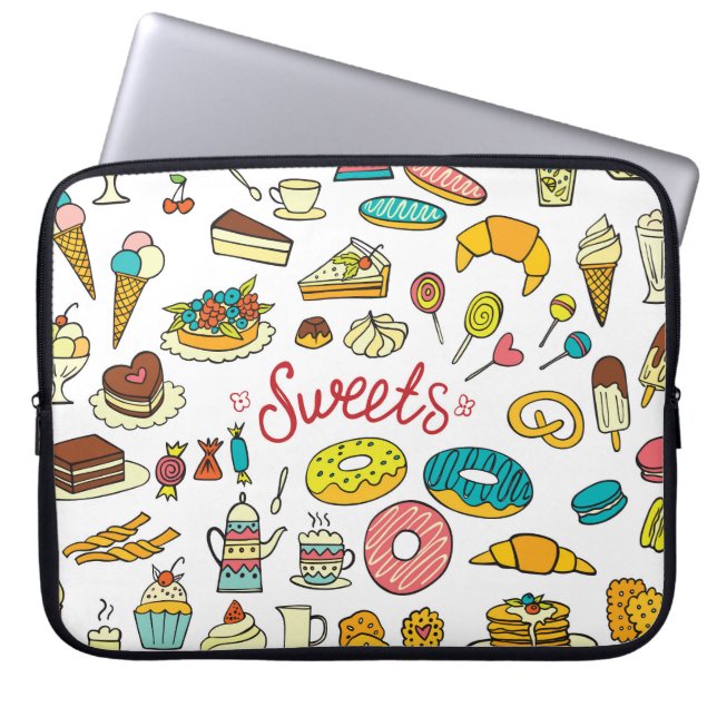 Farbenfrohe Doodle-Süßigkeiten: Desserdesign Laptopschutzhülle (Vorderseite)