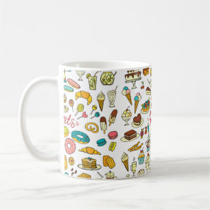Farbenfrohe Doodle Süßigkeiten Essen auf Weiß. Kaffeetasse